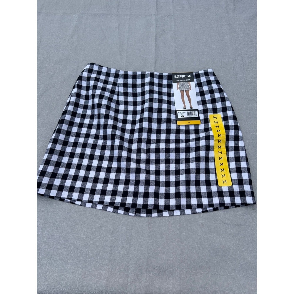 Express Womens Gingham Linen Blend Mini Skirt Size M Black White Cocktail Autumn